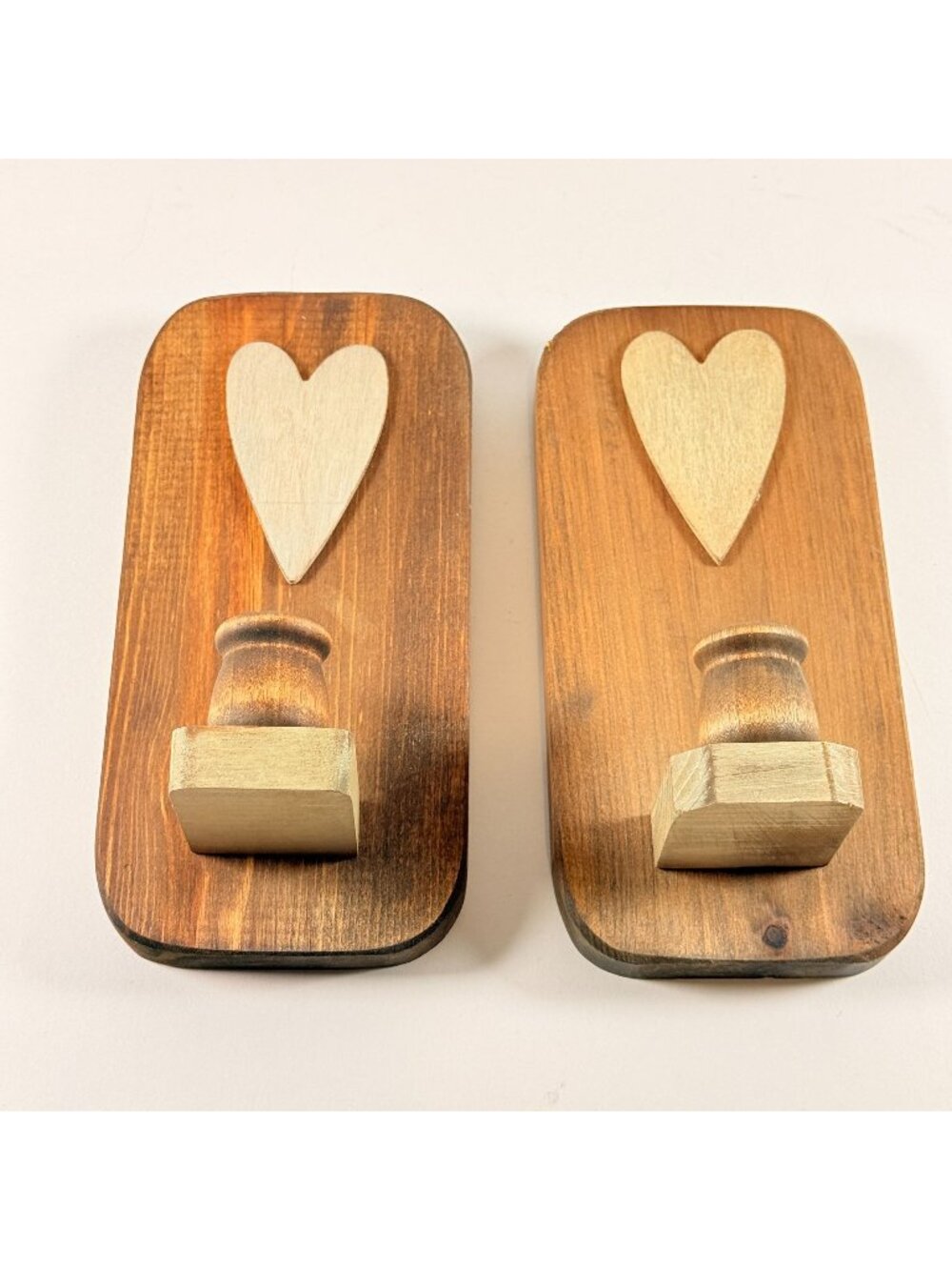 Wooden 2 Heart Design Candle Holders Rustic Farmhouse Distressed Wall Hanging